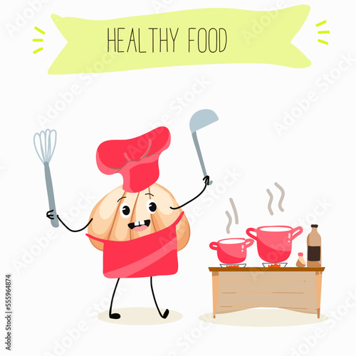 Illustration with funny onion and garlic characters. Funny and healthy food. Vitamins, Food with a cute face, ingredients, antioxidant, vegetarianism, Vector cartoon.