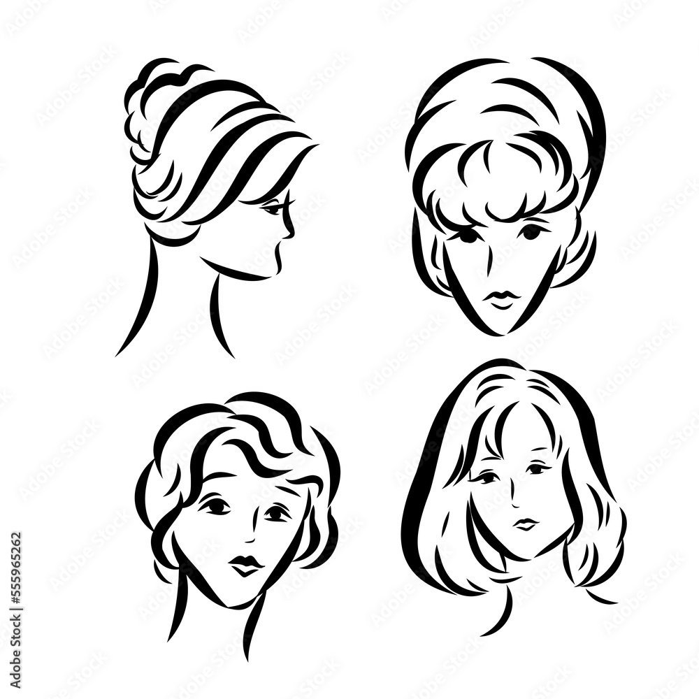The silhouette of a woman's face and hairstyle. An icon for a stylist's design, logo, or business card. Vector illustration in the style of sketch, line art, minimalism. The silhouette of a woman's face and hairstyle. An icon for a stylist's design, logo, or business card. Vector illustration in the style of sketch, line art, minimalism.