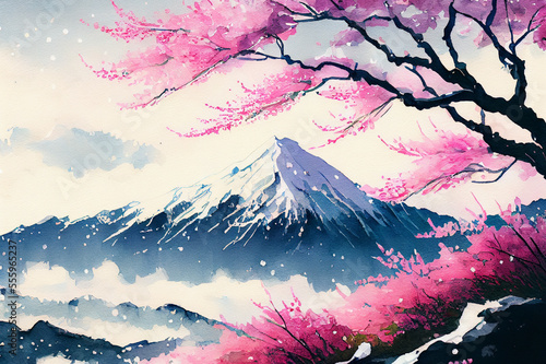 Japanese landscape with Mount Fuji and sakura cherry tree in blossom, ai illustration photo