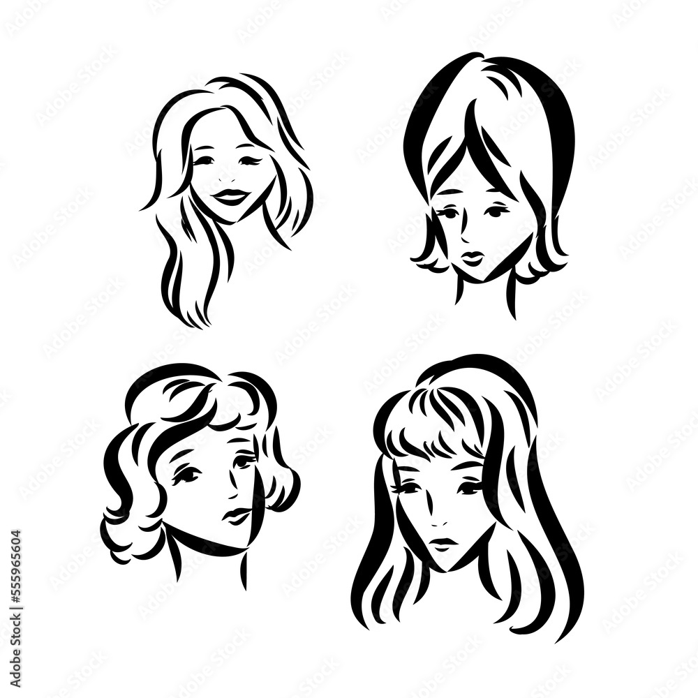 The silhouette of a woman's face and hairstyle. An icon for a stylist's design, logo, or business card. Vector illustration in the style of sketch, line art, minimalism. The silhouette of a woman's face and hairstyle. An icon for a stylist's design, logo, or business card. Vector illustration in the style of sketch, line art, minimalism.