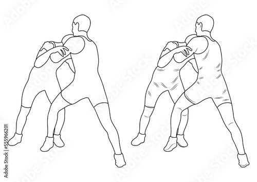 Silhouette outline athletes wrestlers in wrestling, duel, fight. Sketch line drawing greco roman, freestyle, classical wrestling.
