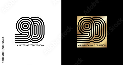 The Ninetieth Anniversary. Gold and black numbers. Poster template for 90th anniversary celebration. Vector illustration.