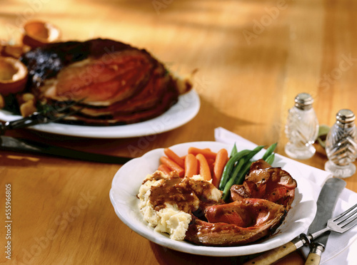 Roast Beef Dinner with Carrots, Green Beans and Mashed Potatoes with Gravy photo