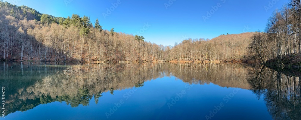 Panoramic view and lake reflection in Yedigöller National Park, Bolu, Turkey