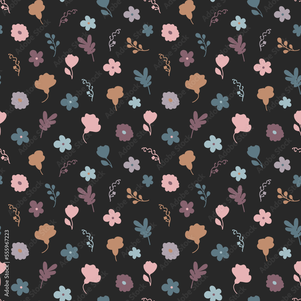 custom made wallpaper toronto digitalFloral pattern on a dark background. Pink, blue, gray and yellow buds. Seamless vector image, suitable for fabrics, wallpaper, wrapping.