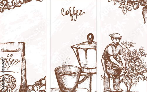 Cafe flyer with espresso cup, vector illustration. Retro restaurant banner wi...