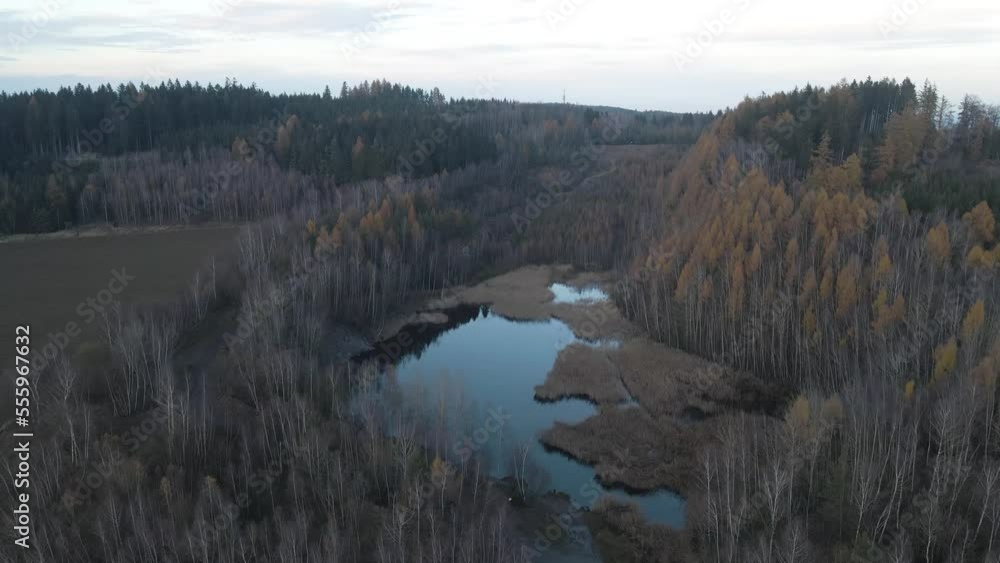 Aerial view of a small lake in the forest in Milicin, Central Bohemia, Czech Republic. Aerial view of a small lake in the forest in Milicin, Central Bohemia, Czech Republic.