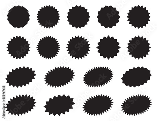 Starburst stickers. Black sunburst badges, isolated star price labels set. Collection of special offer sales sunburst labels and badges. Stickers with star edges for promo advertising campaign.