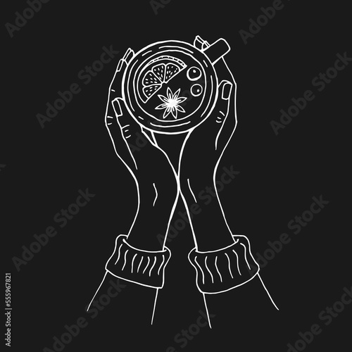 Hand drawn sketch of hands holding a cup of mulled wine. Vector illustration isolated on black background.