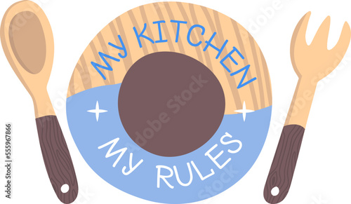 Kitchen decorative badge, lettering emblem vector illustration. Cooking calligraphy label design, cartoon restaurant food typography.