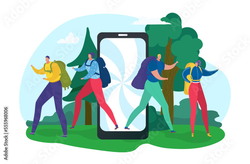 Offline device, disconnect internet for digital detox from flat smartphone, vector illustration. Man woman character leave mobile technology.
