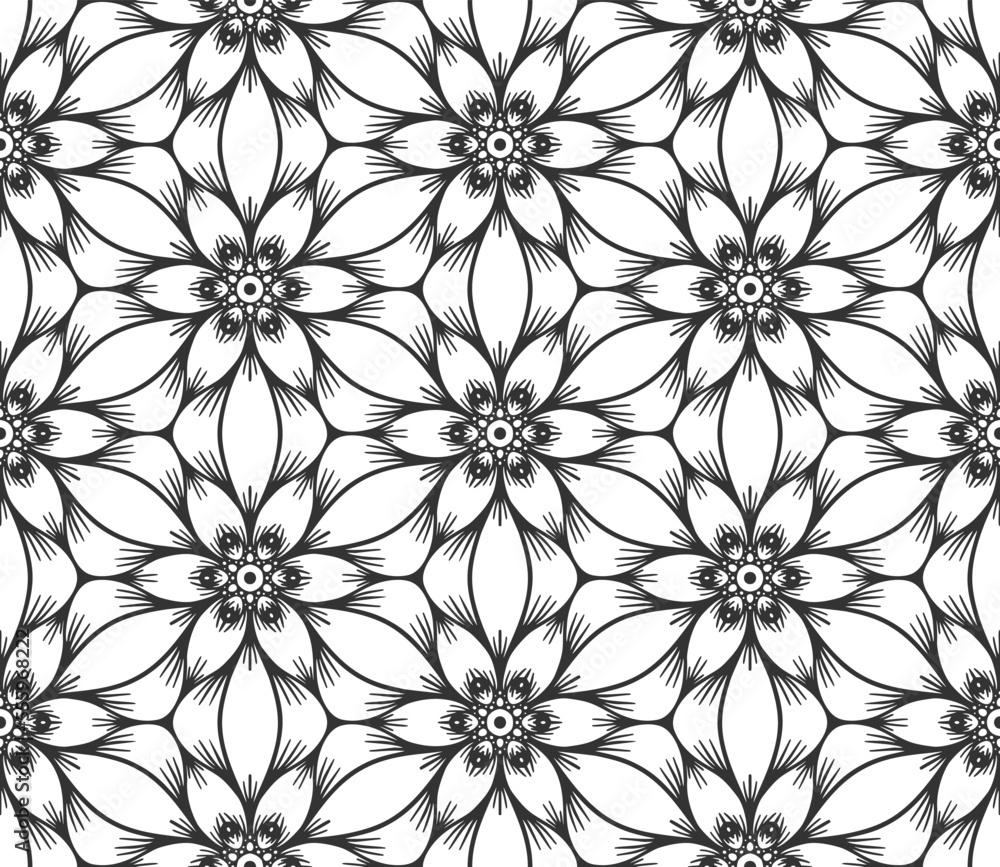Flower lace seamless pattern. Modern floral hand drawn abstract botanical ornament. Retro black fashion backdrop. Flat decorative plant textile texture. Endless vintage monochrome geometric wallpaper Flower lace seamless pattern. Modern floral hand drawn abstract botanical ornament. Retro black fashion backdrop. Flat decorative plant textile texture. Endless vintage monochrome geometric wallpaper