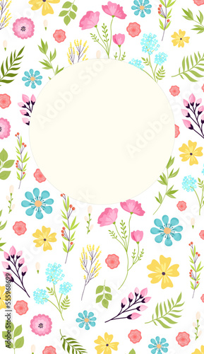 Floral card happy spring, poster flyer with flower design, vector illustration. Hello spring, decoration in frame, nature background and lettering.
