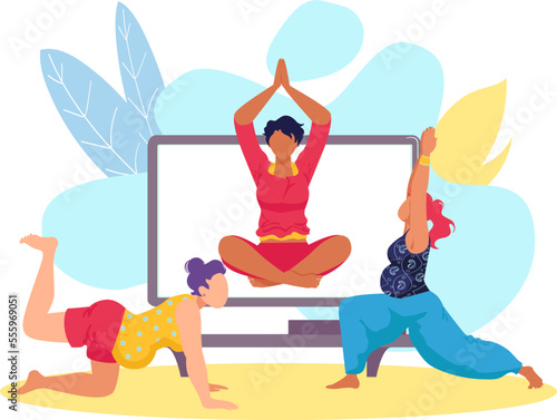 Yoga online banner vector illustration. Woman man people at sport training, website poster for pregnant person and couple character concept