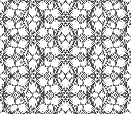Abstract flower seamless pattern. Floral geometric hexagonal ornament. Black and white limitless background. Endless stylish graphic modern repeat pattern. Fashion monochrome lattice mosaic