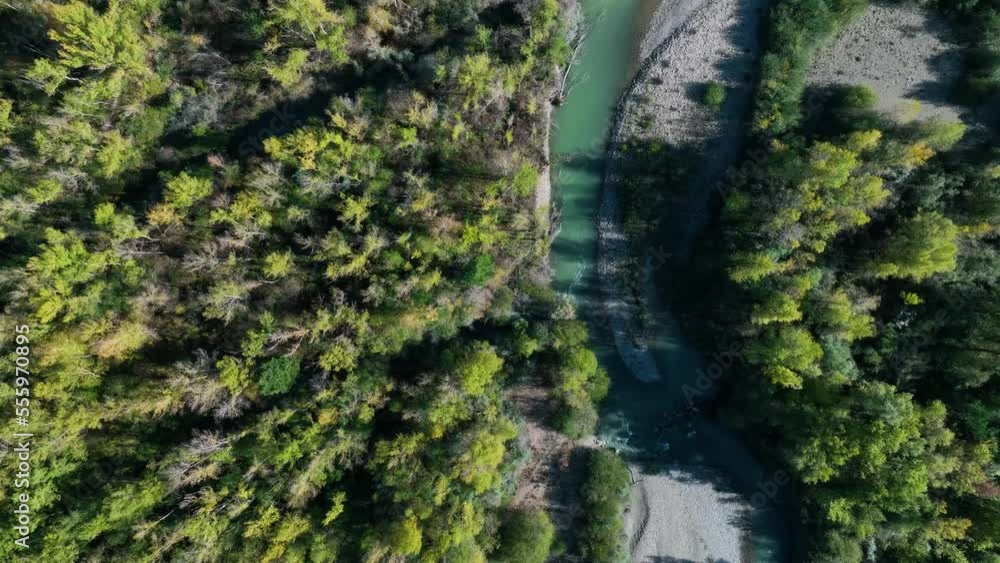 Landscape of the Gallego river and the riverside forest near Lárrede. Aerial view from a drone. Larrede. Biescas Municipality. The Jacetania. Huesca, Aragon, Spain, Europe Landscape of the Gallego river and the riverside forest near Lárrede. Aerial view from a drone. Larrede. Biescas Municipality. The Jacetania. Huesca, Aragon, Spain, Europe