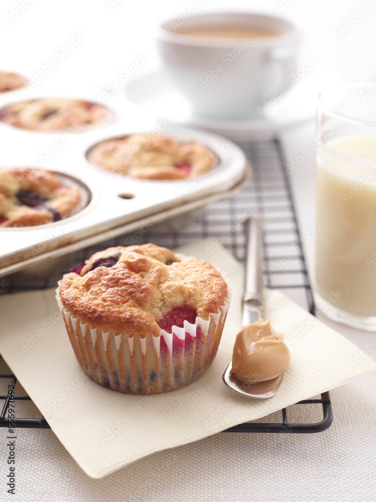 Close-up of freshly baked berry muffins in muffin tray, with knife holding peanutbutter, studio shot Close-up of freshly baked berry muffins in muffin tray, with knife holding peanutbutter, studio shot