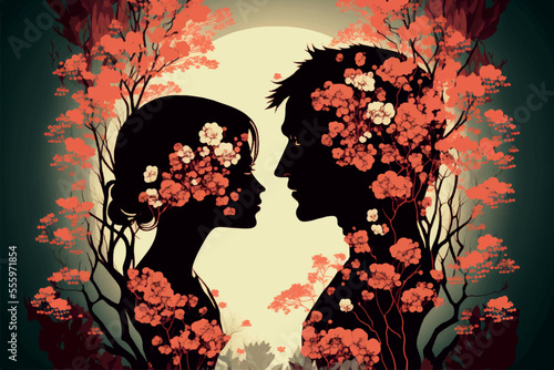 Lovers Silhouttes Vector Illustration at the Romantic Emotional Nature Forest Background. Couple in Love at the Park with High Skyes and flying Hearts Flat Illustration. Generative AI.