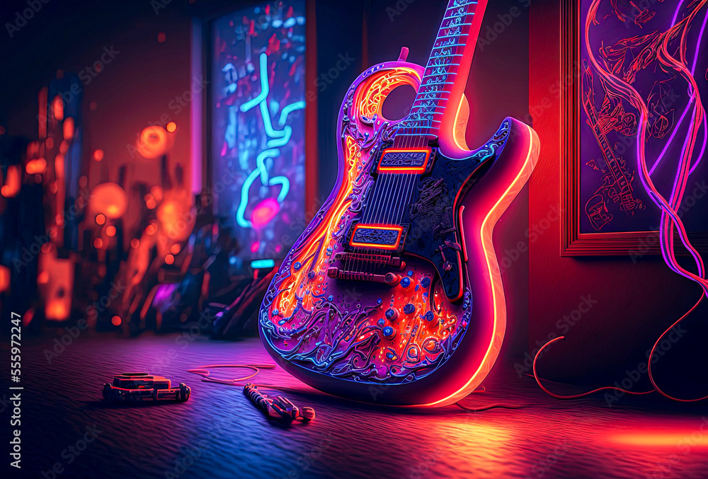 abstract neon guitar stands on the floor in a neon glow, guitar and music  Stock Illustration | Adobe Stock