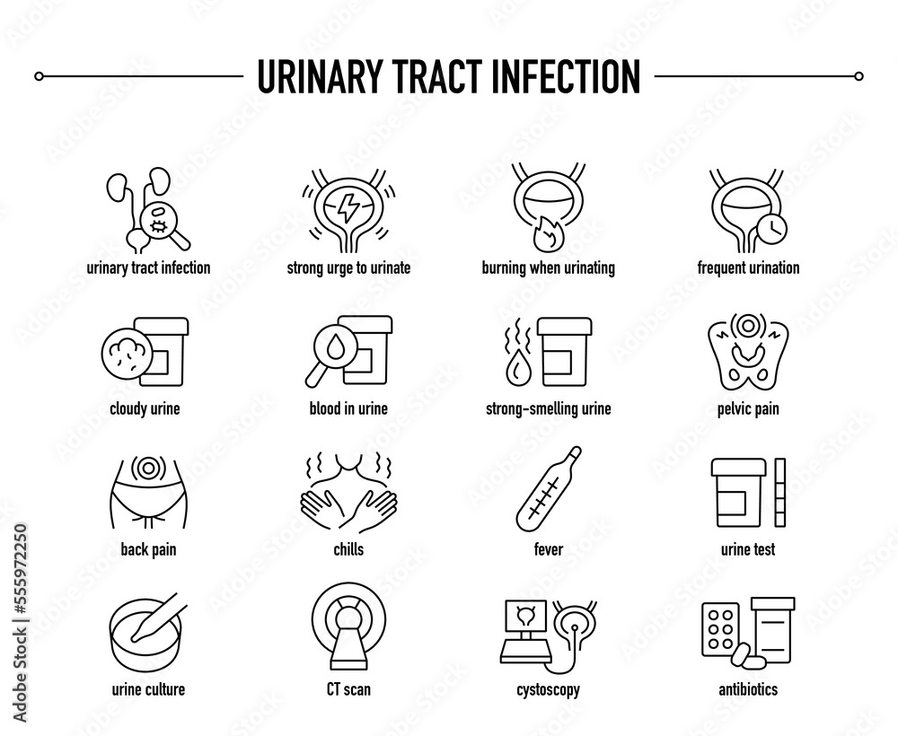 Urinary Tract Infection symptoms, diagnostic and treatment vector icon set. Line editable medical icons.