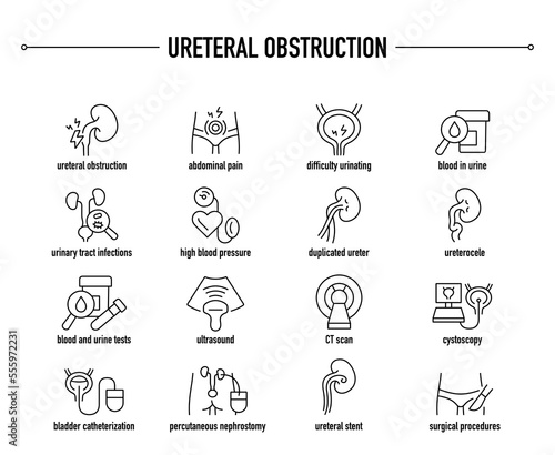 Ureteral Obstruction symptoms, diagnostic and treatment vector icon set. Line editable medical icons.