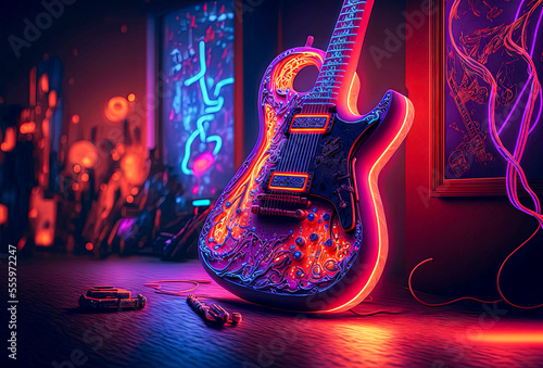 abstract neon guitar stands on the floor in a neon glow, guitar and music