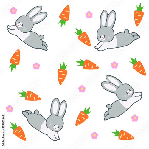 飛び跳ねるウサギと人参の総柄イラスト