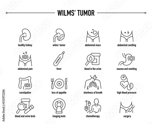 Wilms' Tumor symptoms, diagnostic and treatment vector icon set. Line editable medical icons.