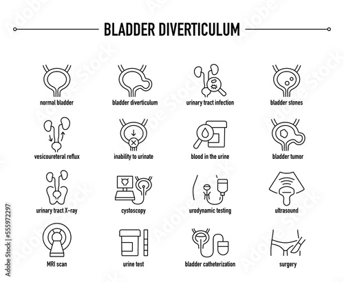 Bladder Diverticulum symptoms, diagnostic and treatment vector icon set. Line editable medical icons.