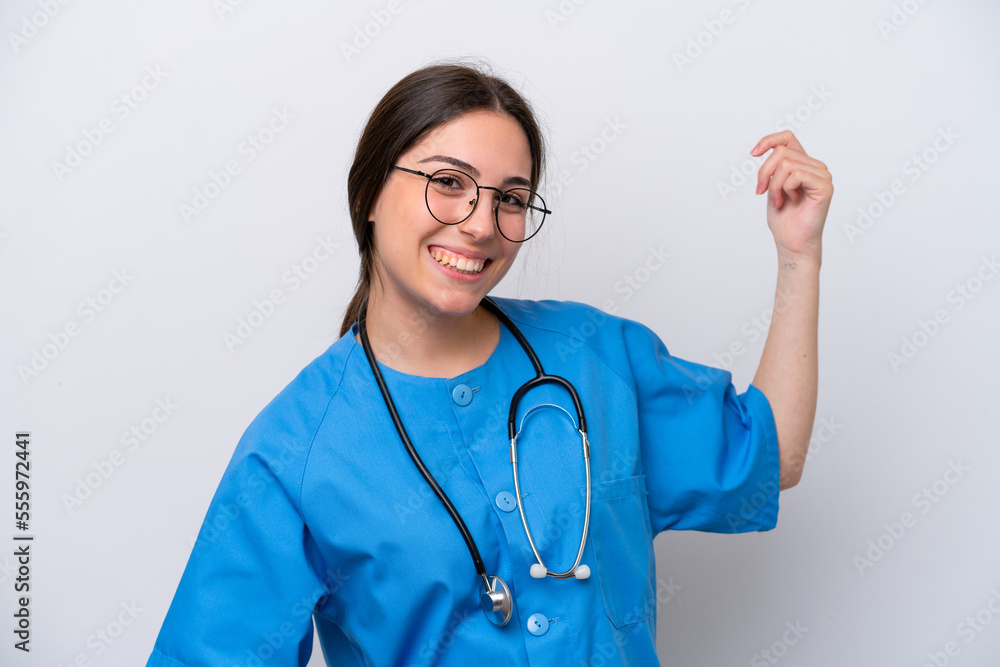 surgeon doctor woman holding tools isolated on white background making guitar gesture surgeon doctor woman holding tools isolated on white background making guitar gesture
