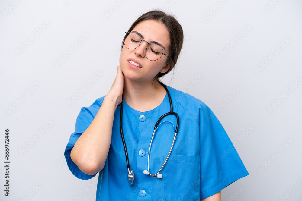 surgeon doctor woman holding tools isolated on white background with neckache surgeon doctor woman holding tools isolated on white background with neckache
