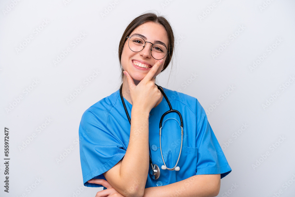 surgeon doctor woman holding tools isolated on white background smiling surgeon doctor woman holding tools isolated on white background smiling