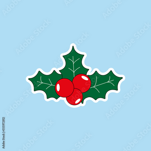 Vector sticker christmas holly. Merry Christmas and happy New Year. Illustration in flat style.