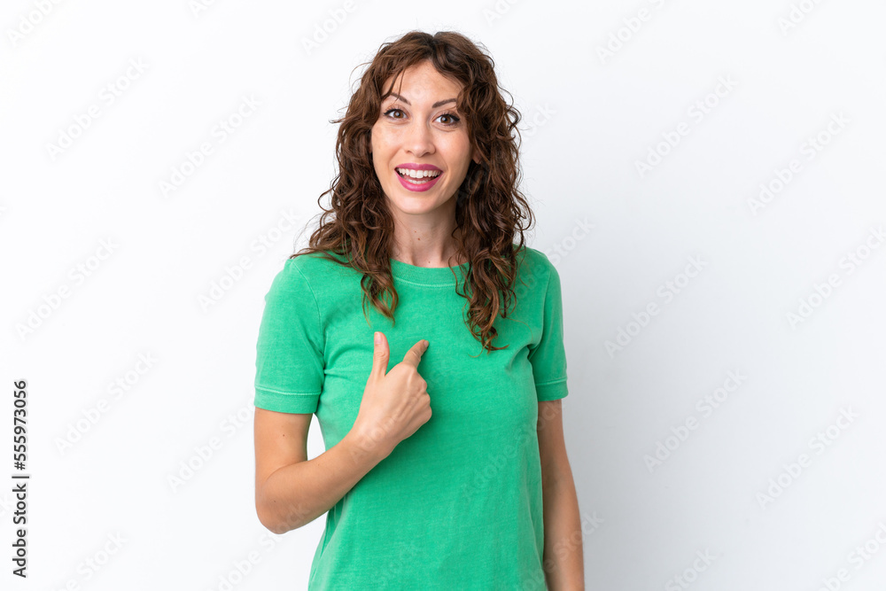 Young woman with curly hair isolated on white background with surprise facial expression Young woman with curly hair isolated on white background with surprise facial expression
