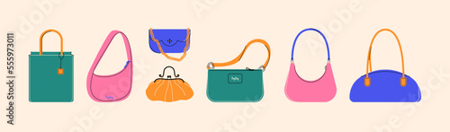 Cartoon woman bags. Doodle female handbags cross body clutch purse, casual fashion accessories. Vector isolated set