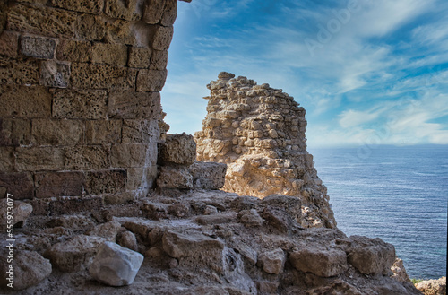 The ruins of the ancient fortress of Apollonia Arsuf on the shores of the Mediterranean Sea, Israel