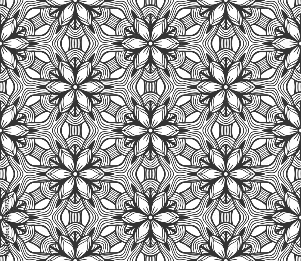 Repeat flower seamless pattern. Black and white limitless background. Abstract floral geometric hexagonal ornament. Endless stylish graphic modern repeat pattern. Fashion monochrome retro decor Repeat flower seamless pattern. Black and white limitless background. Abstract floral geometric hexagonal ornament. Endless stylish graphic modern repeat pattern. Fashion monochrome retro decor