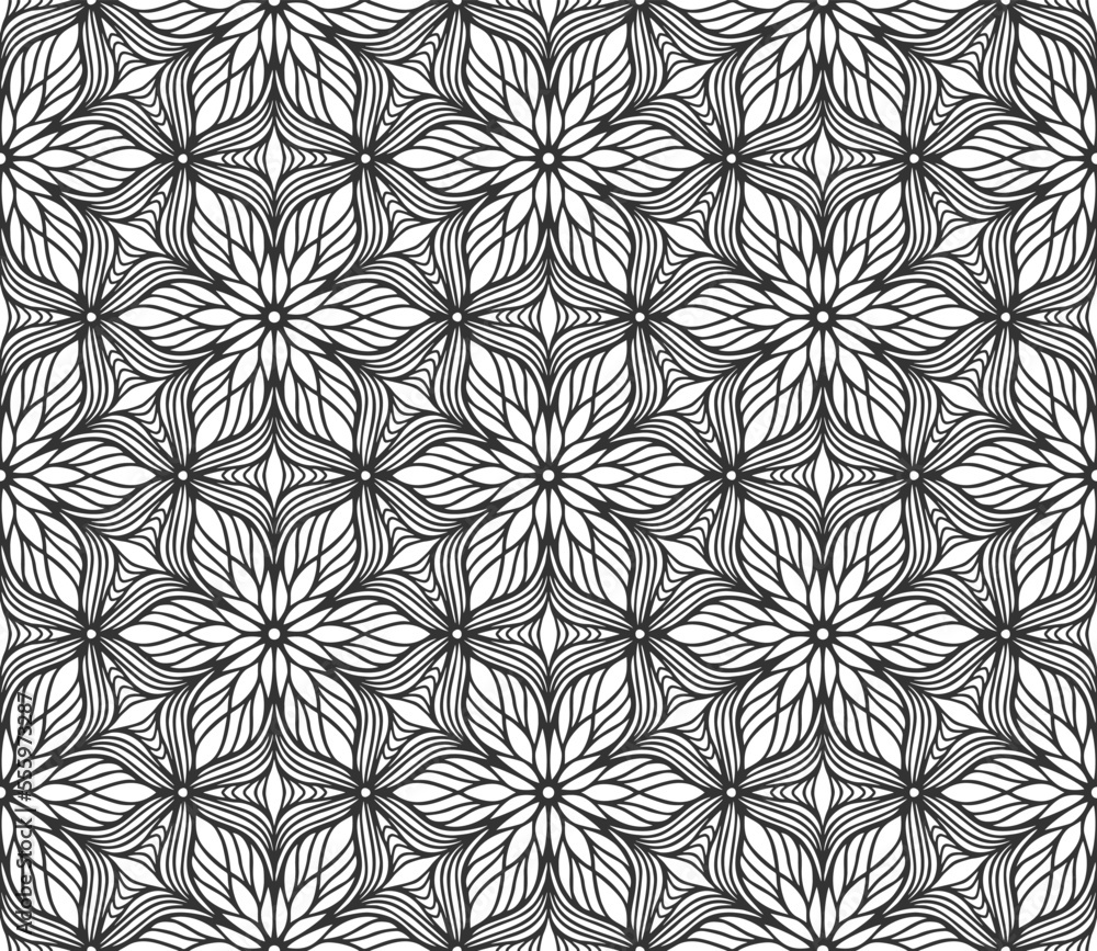 Fototapeta premium Abstract flower seamless pattern. Floral geometric hexagonal ornament. Black and white limitless background. Endless stylish graphic modern repeat pattern. Fashion monochrome lattice mosaic