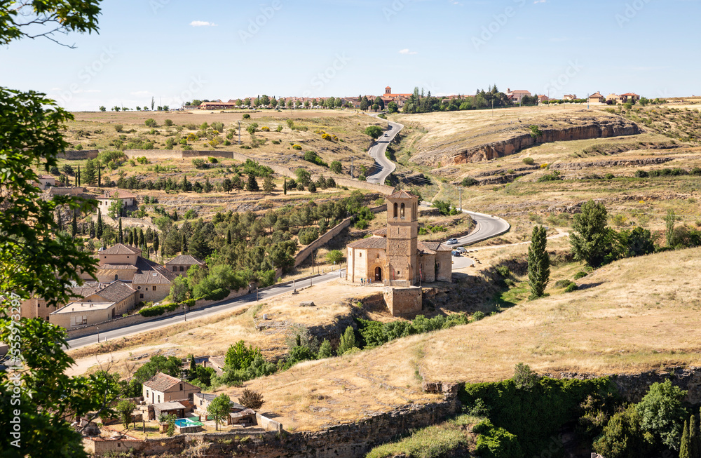 a view over the Church of the True Cross (Vera Cruz) and Zamarramala village in the horizon, Segovia, Castile and Leon, Spain