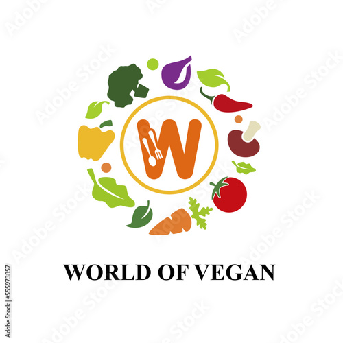 Initial Letter W with Colorful Vegetable Icon for vegetarian, vegan, organic farm store Logo Idea Template