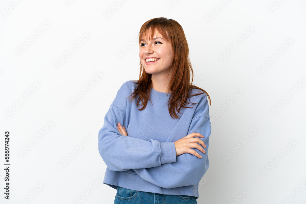 Redhead girl isolated on white background happy and smiling Redhead girl isolated on white background happy and smiling