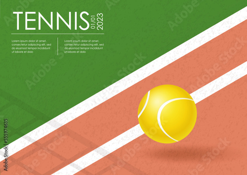 Tennis championship or tournament poster. Horizontal template for sport competition, tennis championship. Clay court and ball on the Line. Net shadow. Sport equipment. Illustration for card, cover