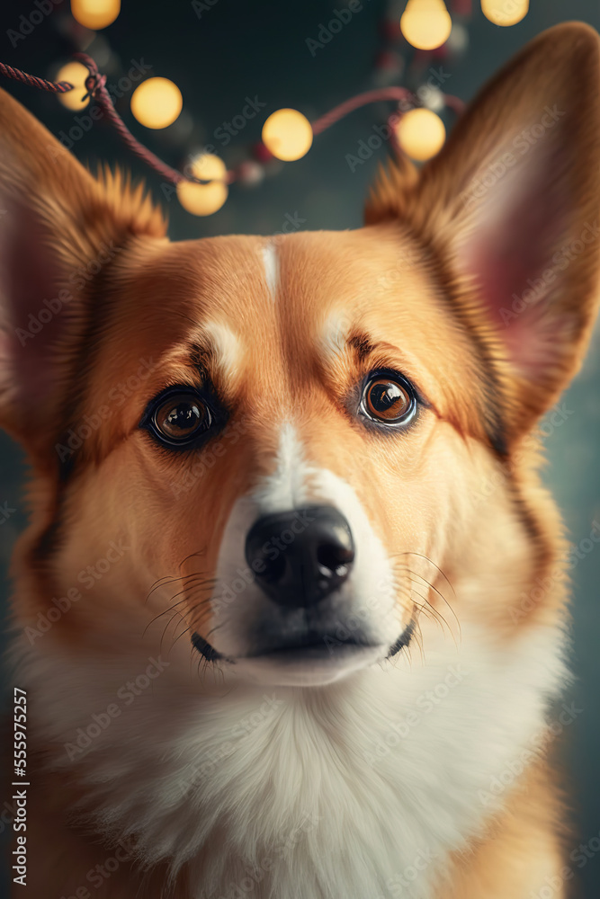 Obraz premium Cute dog portrait, christmas decoration background