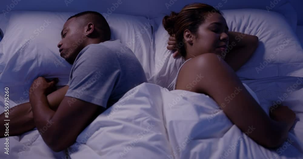 Snoring, man and annoyed black woman in bedroom of house, hotel or home with sleep apnea, insomnia and stress. Black couple, sleeping and frustrated night snore for exhausted, burnout and tired wife