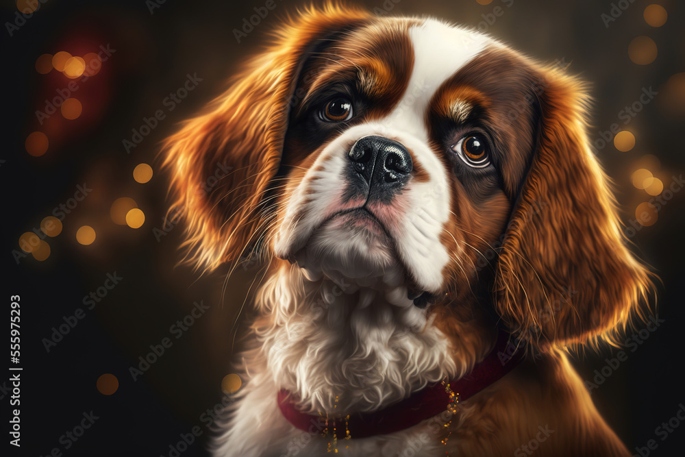 Cute dog portrait, christmas decoration background