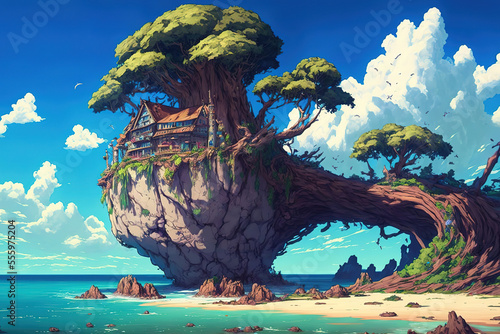 fantasy island, anime landscape, house, anime art illustration