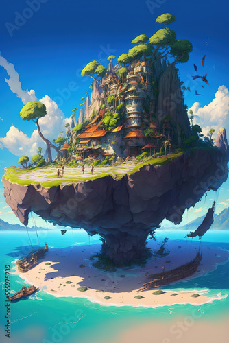fantasy island, anime landscape, house, anime art illustration