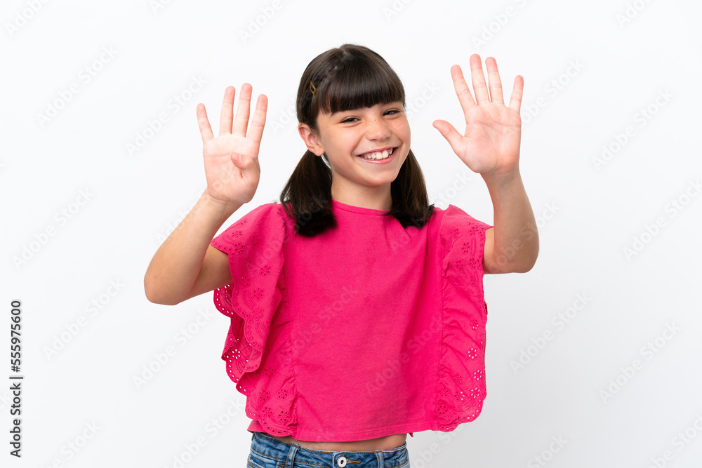 Little caucasian kid isolated on white background counting nine with fingers Little caucasian kid isolated on white background counting nine with fingers