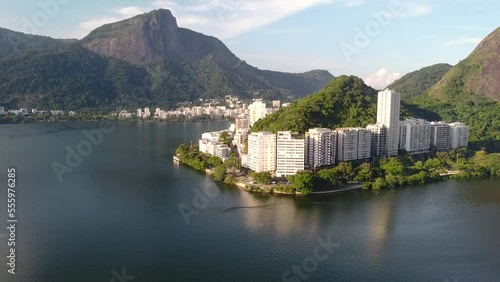 Lagoon Lagoa Rodrigo de Freitas with Corcovado Christ The Redeemer View Drone Shot at Rio de Janeiro Brazil photo