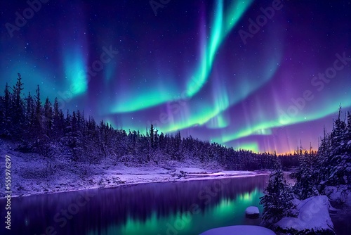 Aurora borealis landscape in nordic arctic forest, pines and snow sunset mattepainting illustration